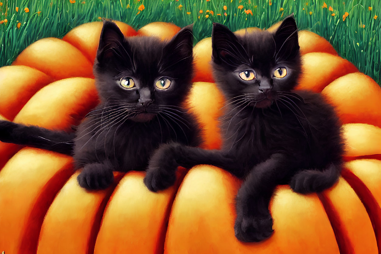 Black Kittens on Orange Pumpkin Surrounded by Green Grass and Yellow Flowers