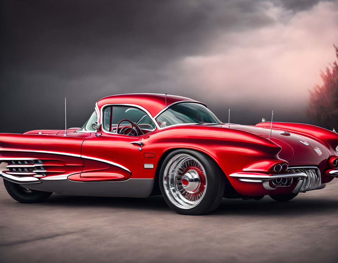 Vintage Red Corvette with White-Wall Tires Against Cloudy Sky