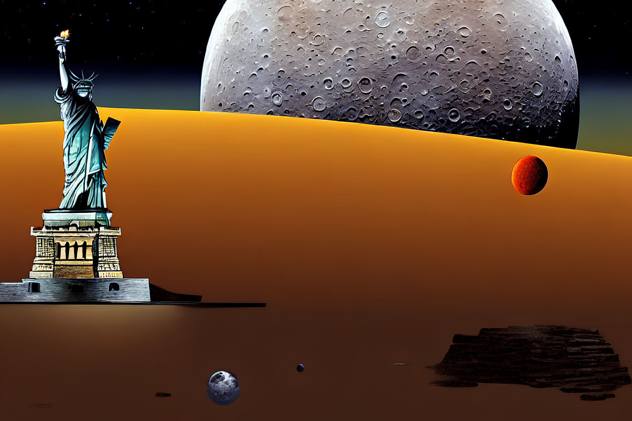 Statue of Liberty on alien planet with oversized moon and red planet in sky