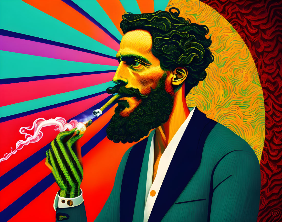 Colorful Abstract Portrait: Man with Beard Smoking Pipe on Vibrant Geometric Background
