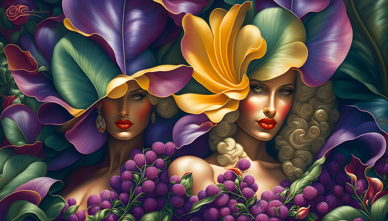 Colorful Stylized Women with Floral Elements in Whimsical Botanical Setting