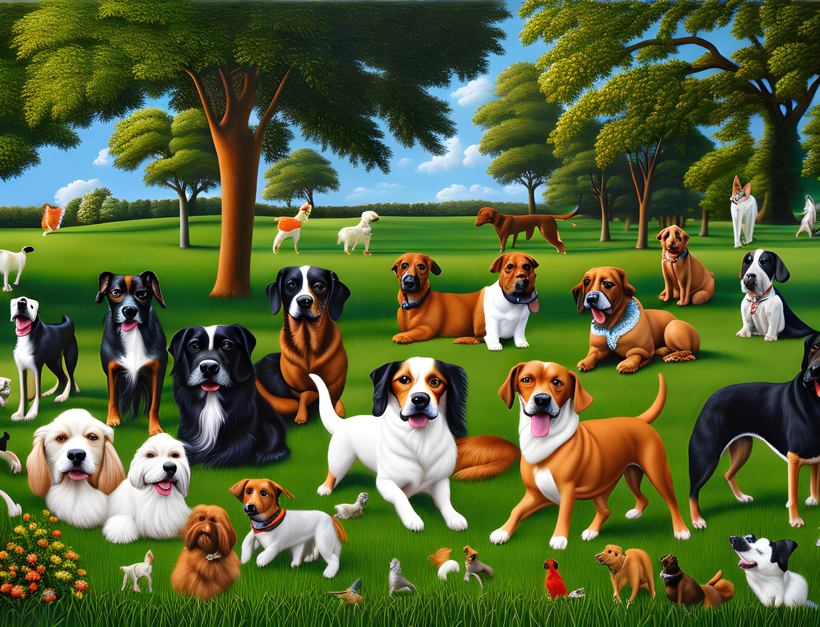 Colorful Dog Breeds in Park Setting with Trees & Blue Sky