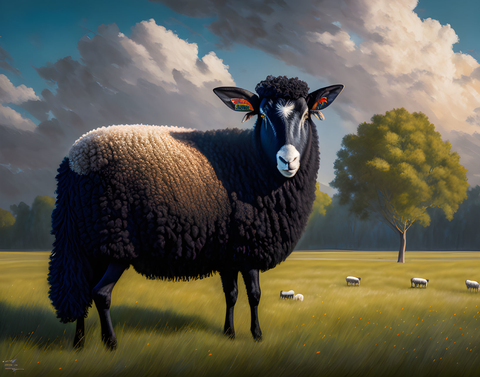 Illustration of black sheep with voluminous fleece in sunlit field