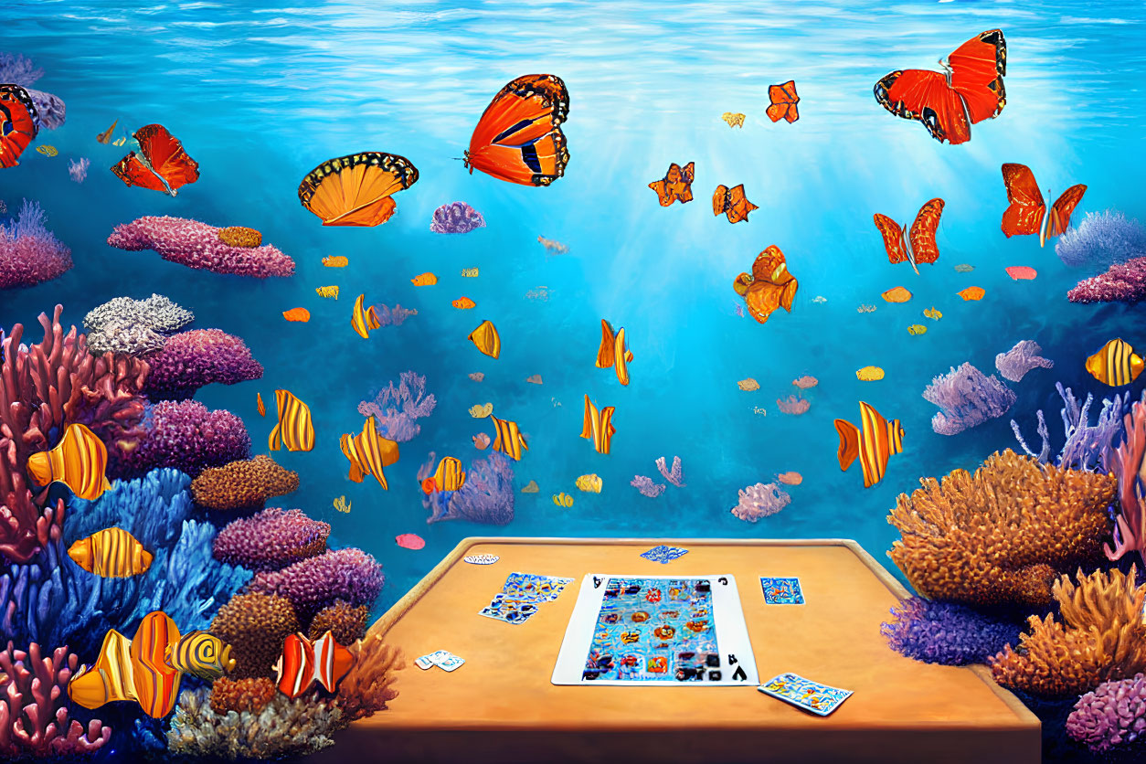 Vibrant underwater scene with coral, fish, playing cards, and butterflies.