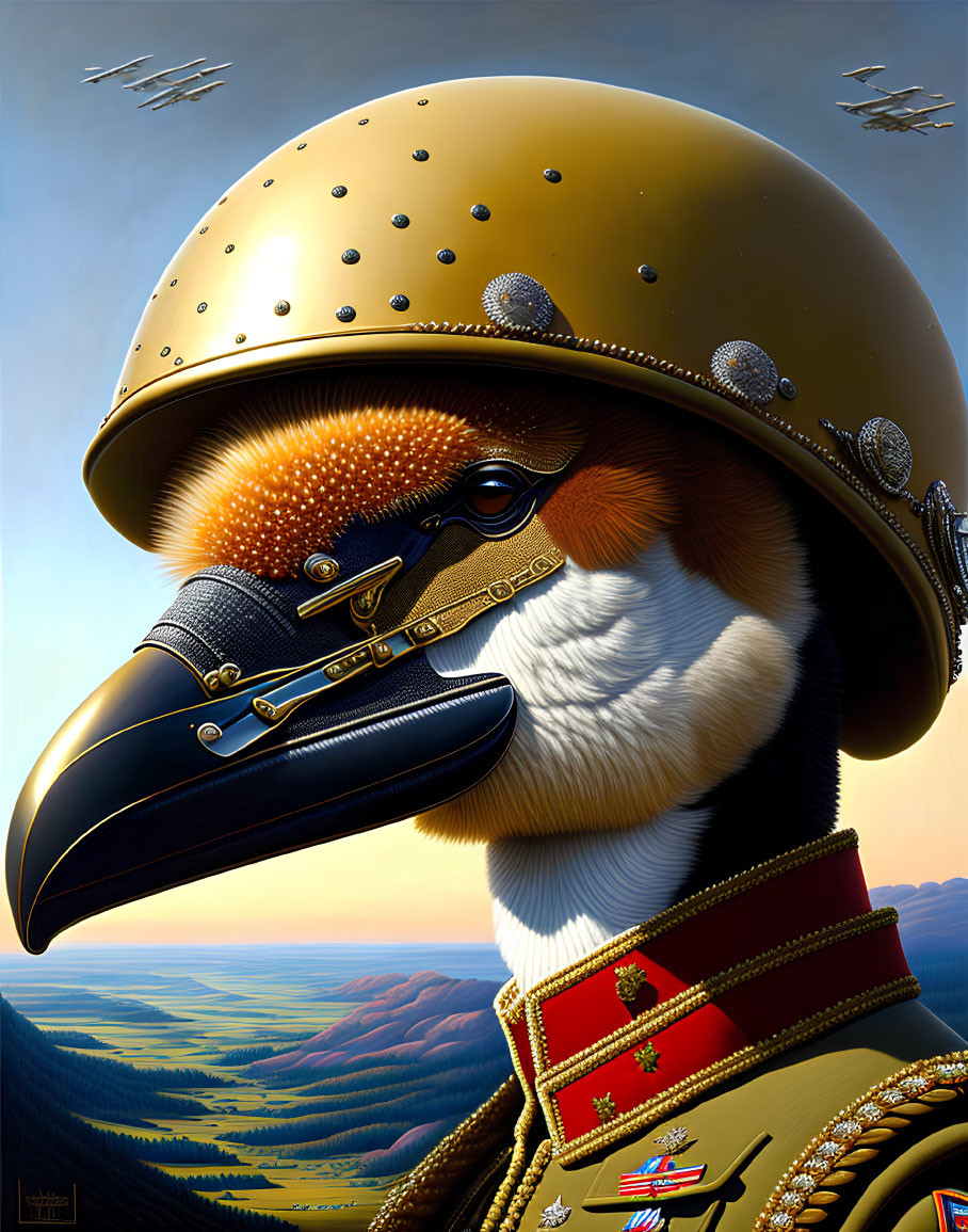 Anthropomorphic eagle in military uniform with fighter jets and landscape.