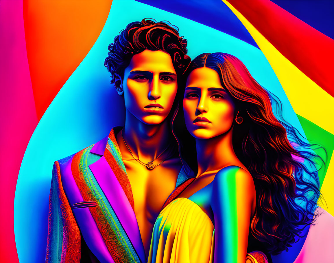 Vibrant Digital Portrait of Man and Woman with Dramatic Lighting