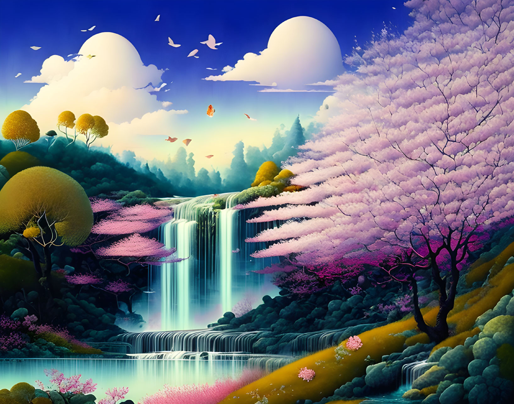 Fantasy landscape with pink cherry blossoms, waterfall, birds, whimsical trees, and serene blue