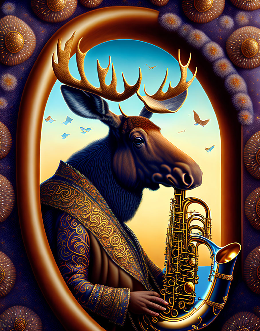 Surreal moose illustration playing saxophone with ornate jacket