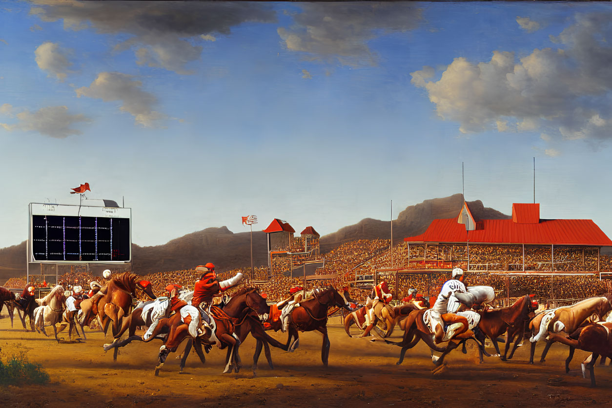 Historic-style horse race painting with colorful jockeys and grandstands.