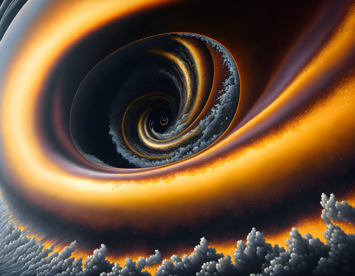 Surreal fractal landscape with swirling vortex and fiery hues