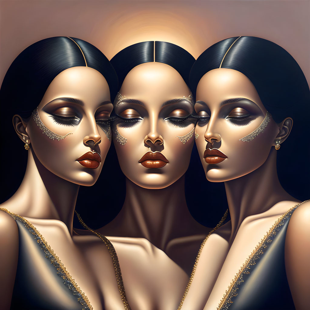 Symmetrical portrait of three women with elegant makeup and golden accessories