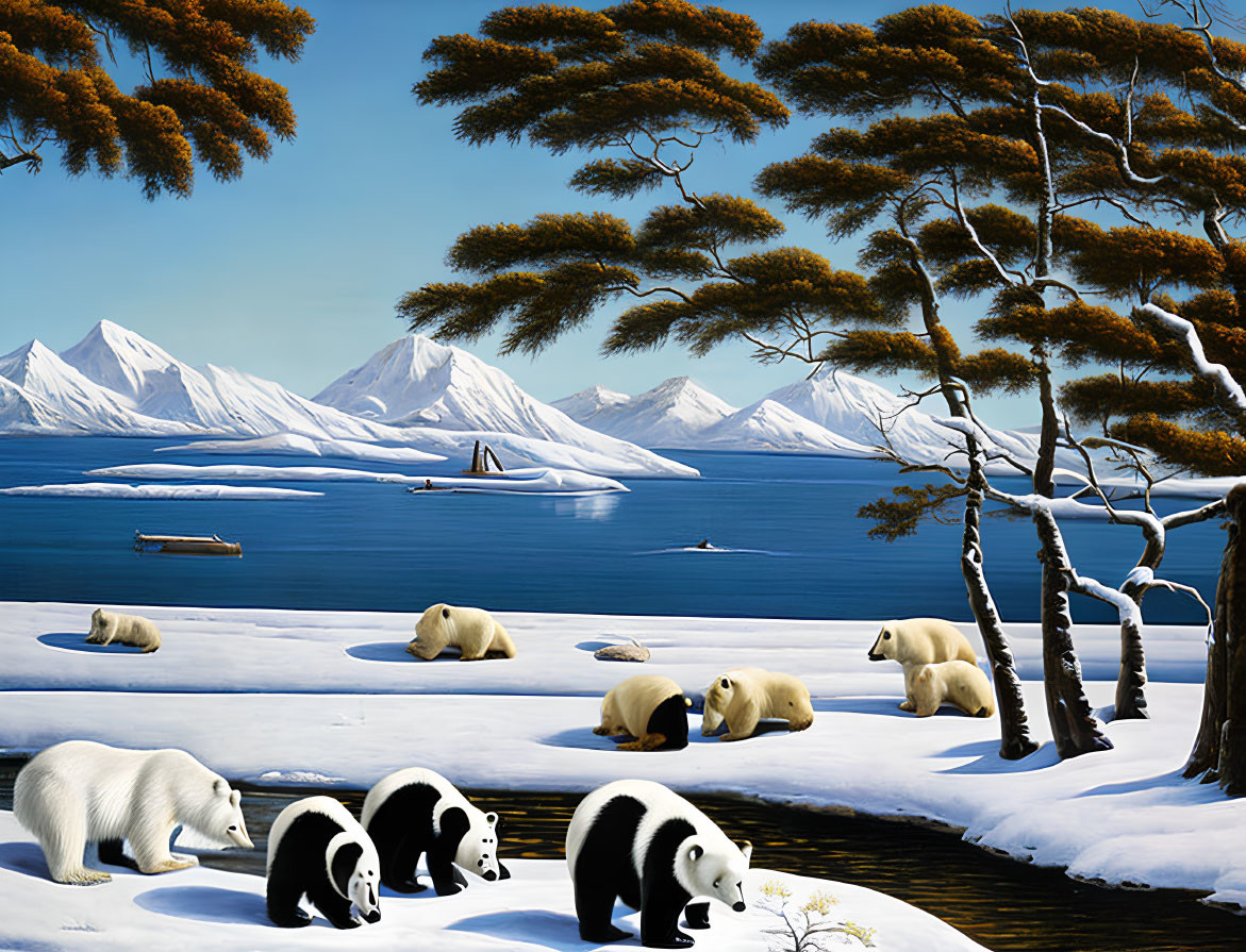 Colorful Polar Bears in Snowy Landscape with Pine Trees & Mountains