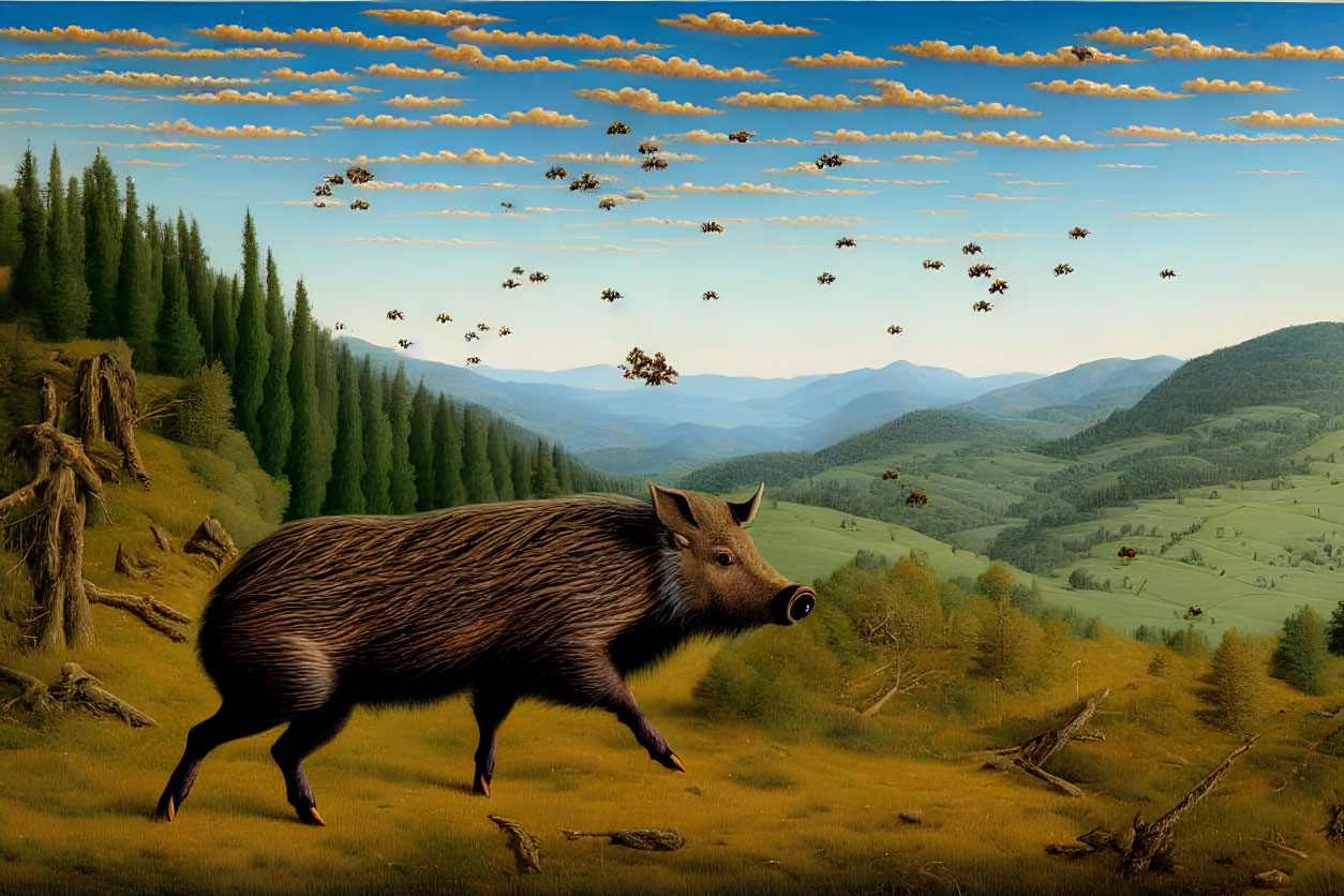 Wild boar in foreground with rolling hills, forest, and sky with birds