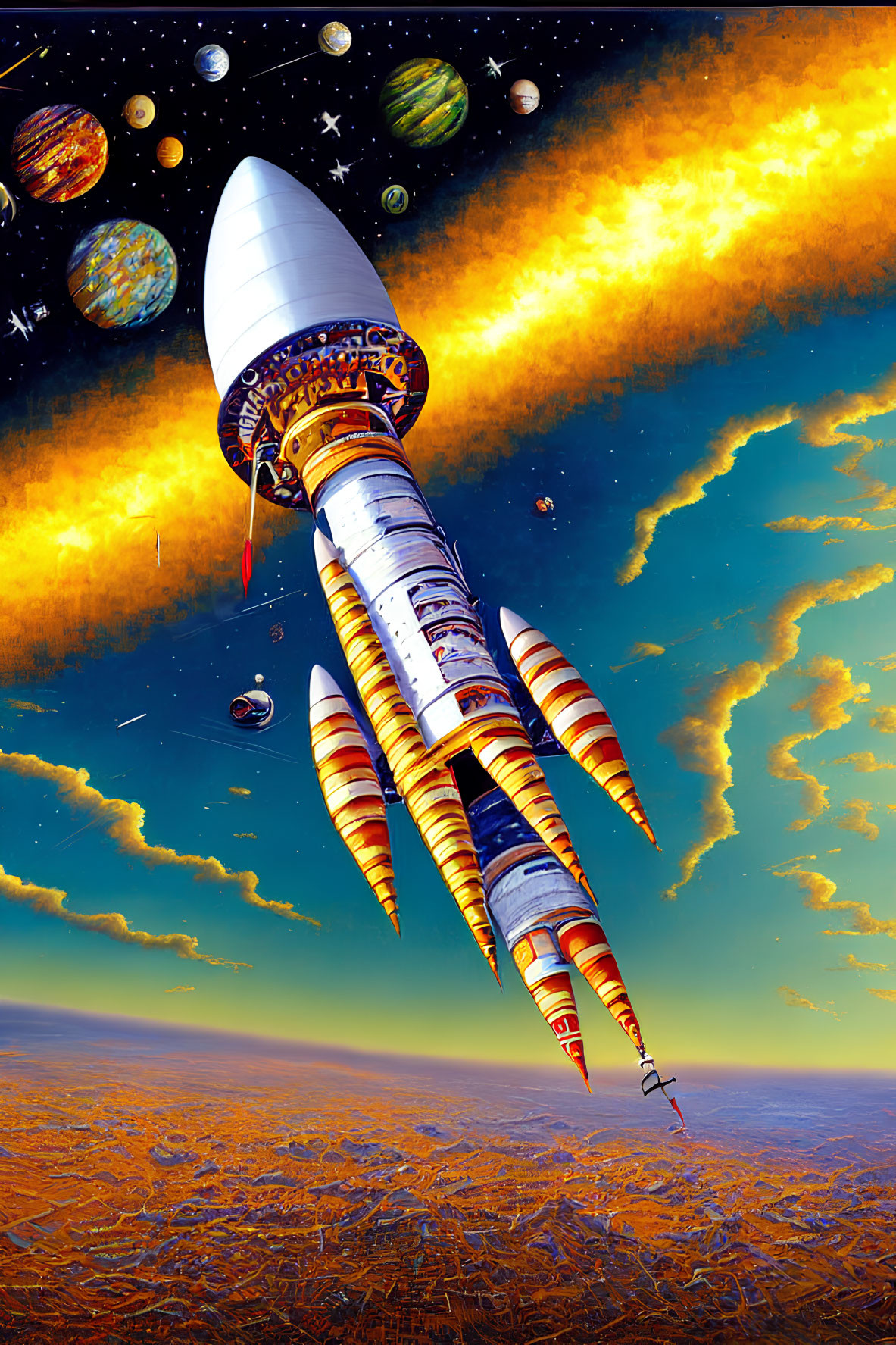 Colorful retro-futuristic rocket flying through starry sky and planets