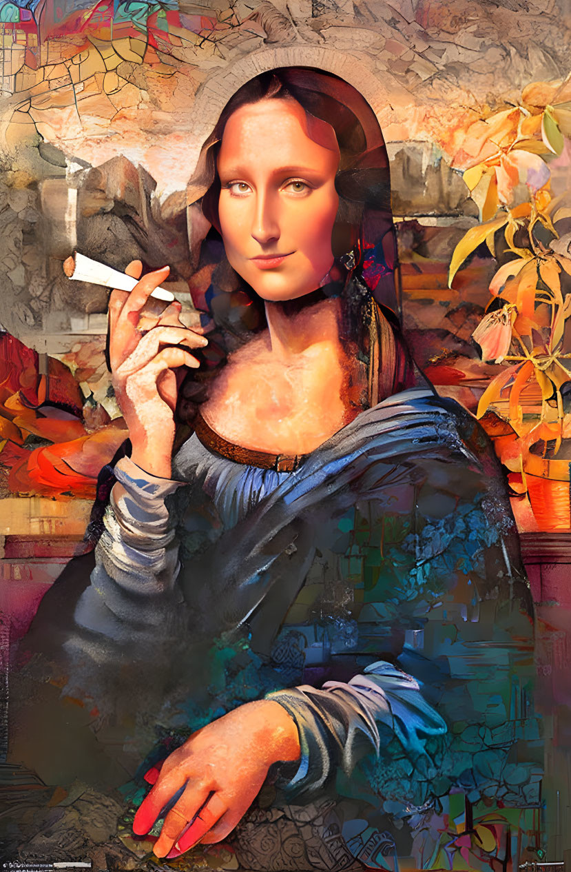 Modernized Mona Lisa with cigarette against abstract backdrop