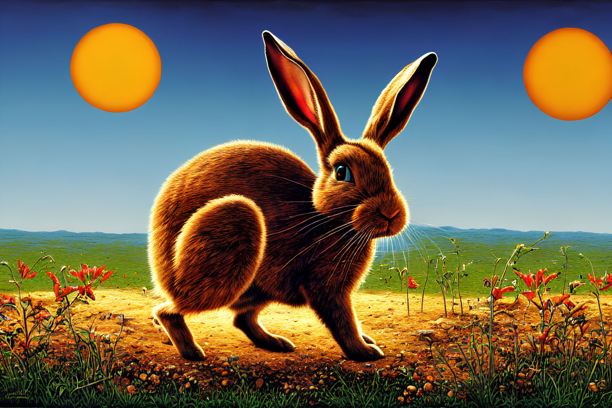 Colorful Field Rabbit Illustration with Two Suns