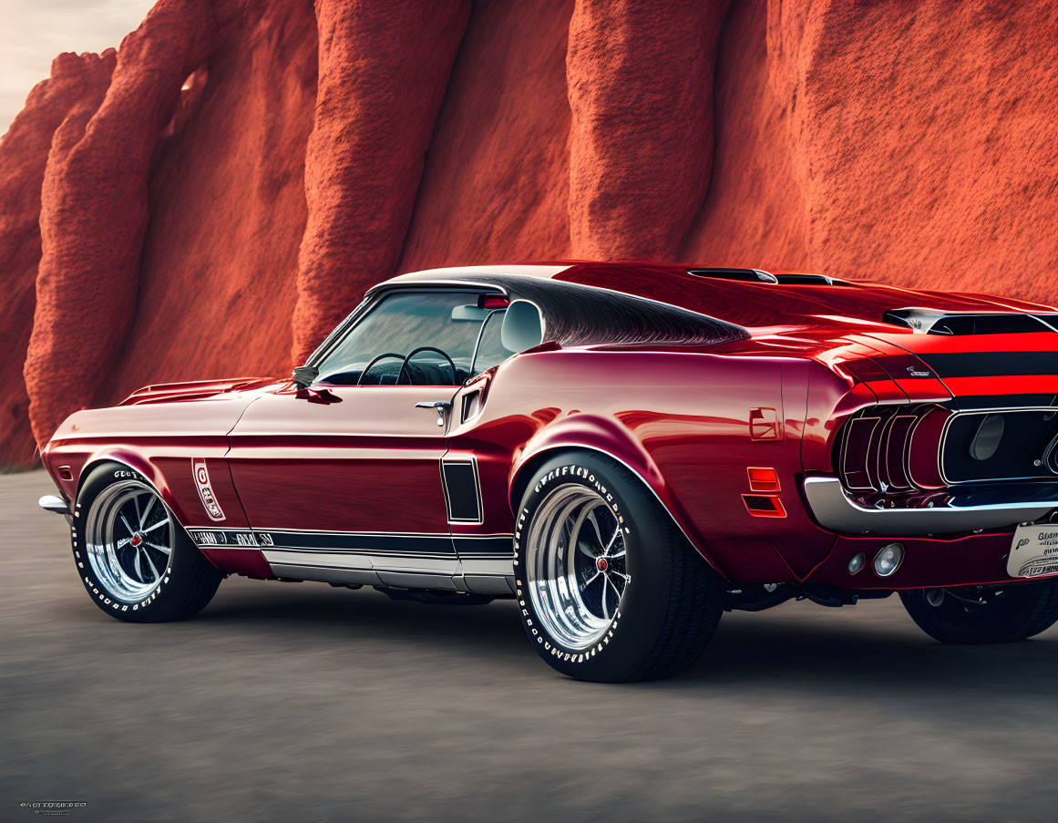 Vintage Red Mustang Shelby GT500 with White Stripes by Red Rocky Cliff