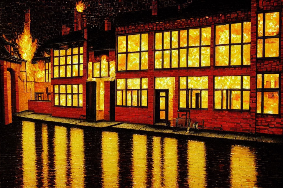 Vivid painting of a building with glowing windows reflecting on water