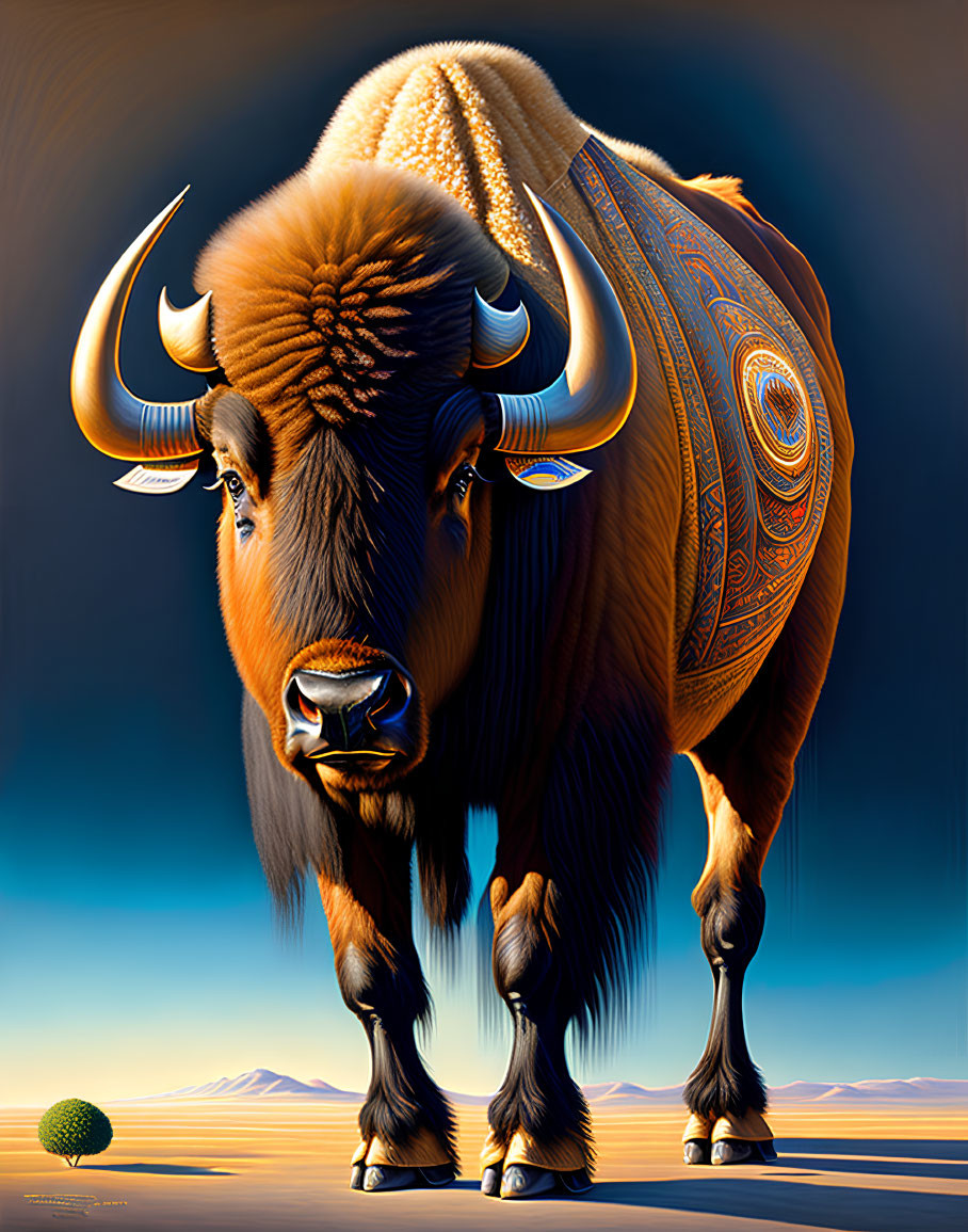 Stylized bison illustration with ornate patterns in sunset landscape