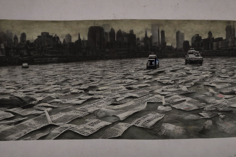 Monochrome river scene with newspapers, boats, and city skyline