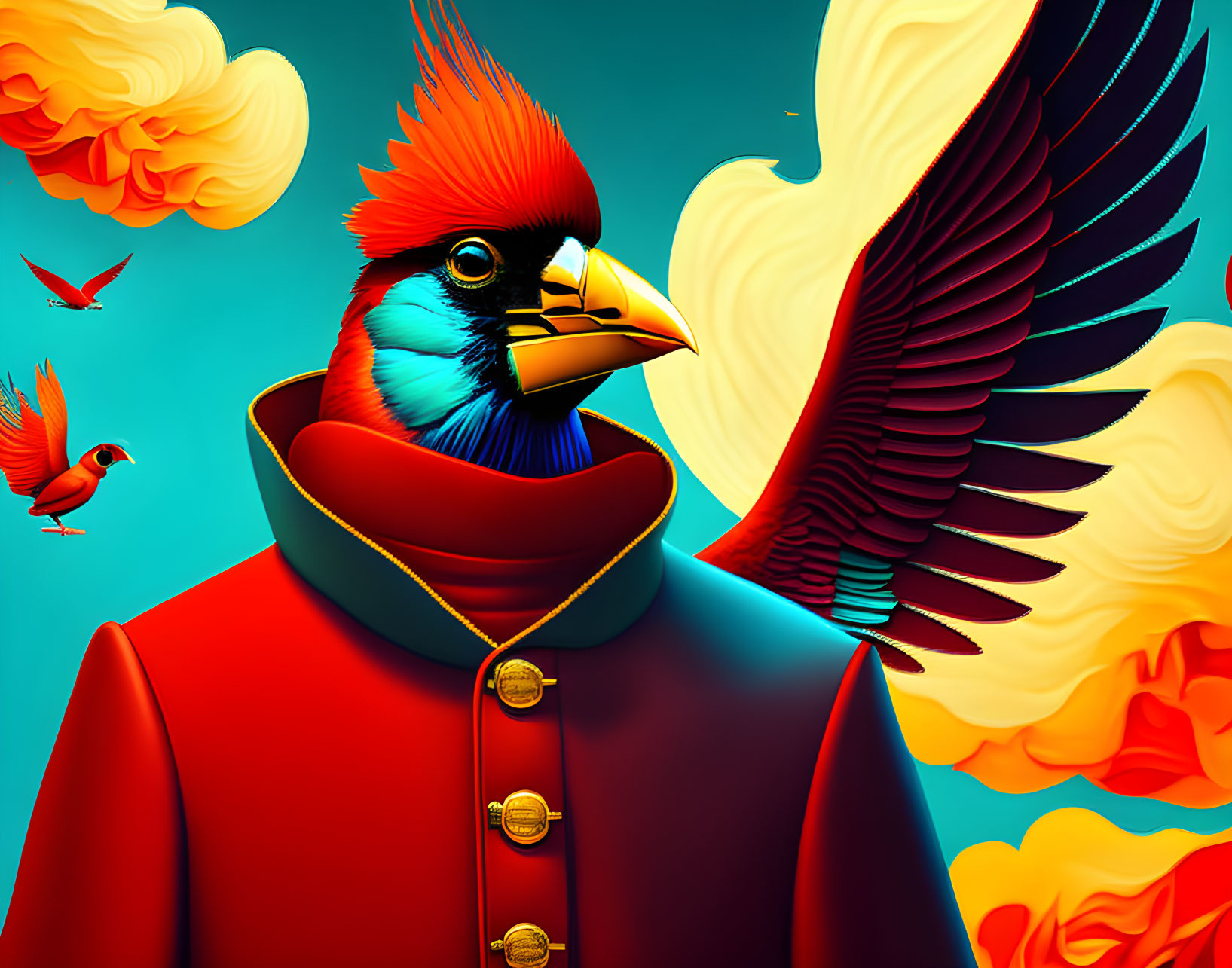 Colorful digital artwork: stylized cardinal bird in red coat on sky-blue background