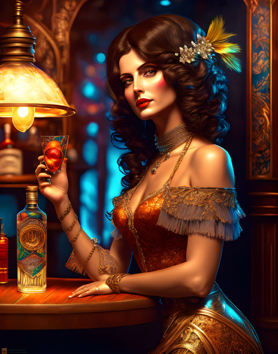 Dark-haired woman in ornate orange dress standing at bar with glass and bottle under warm light