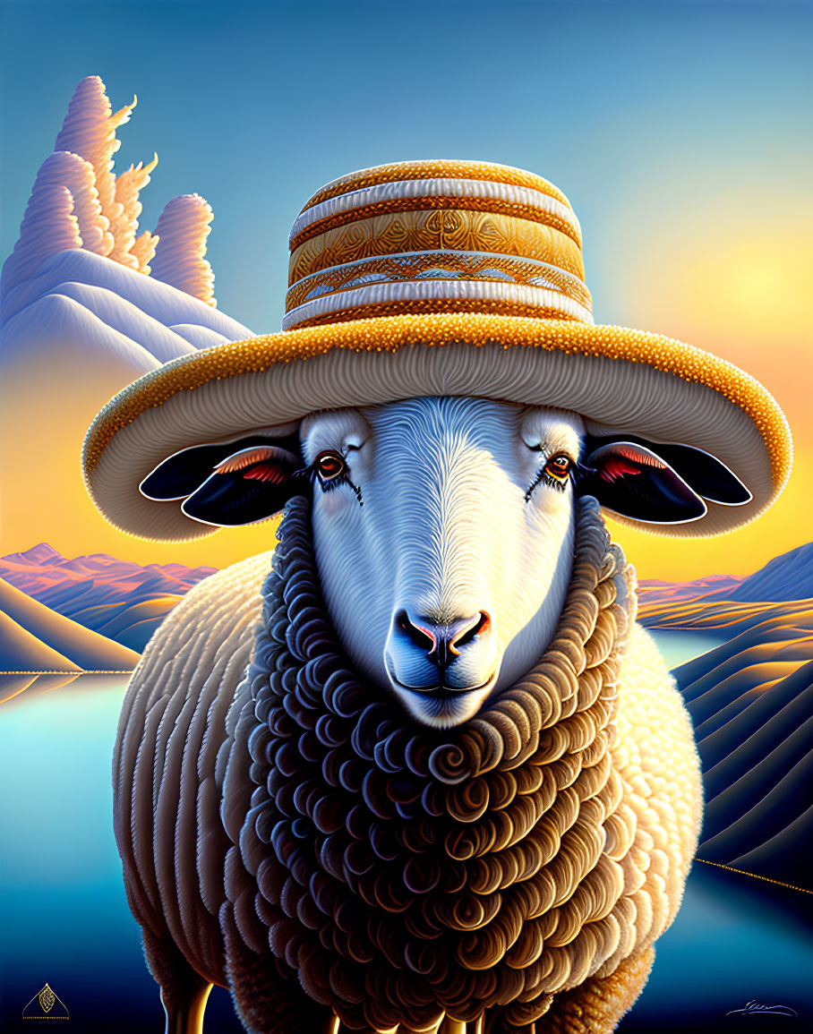 Surreal sheep illustration with straw hat in stylized landscape
