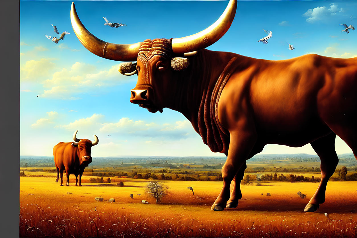 Surreal landscape featuring central bull with elongated horns, smaller bulls, and birds in autumn field