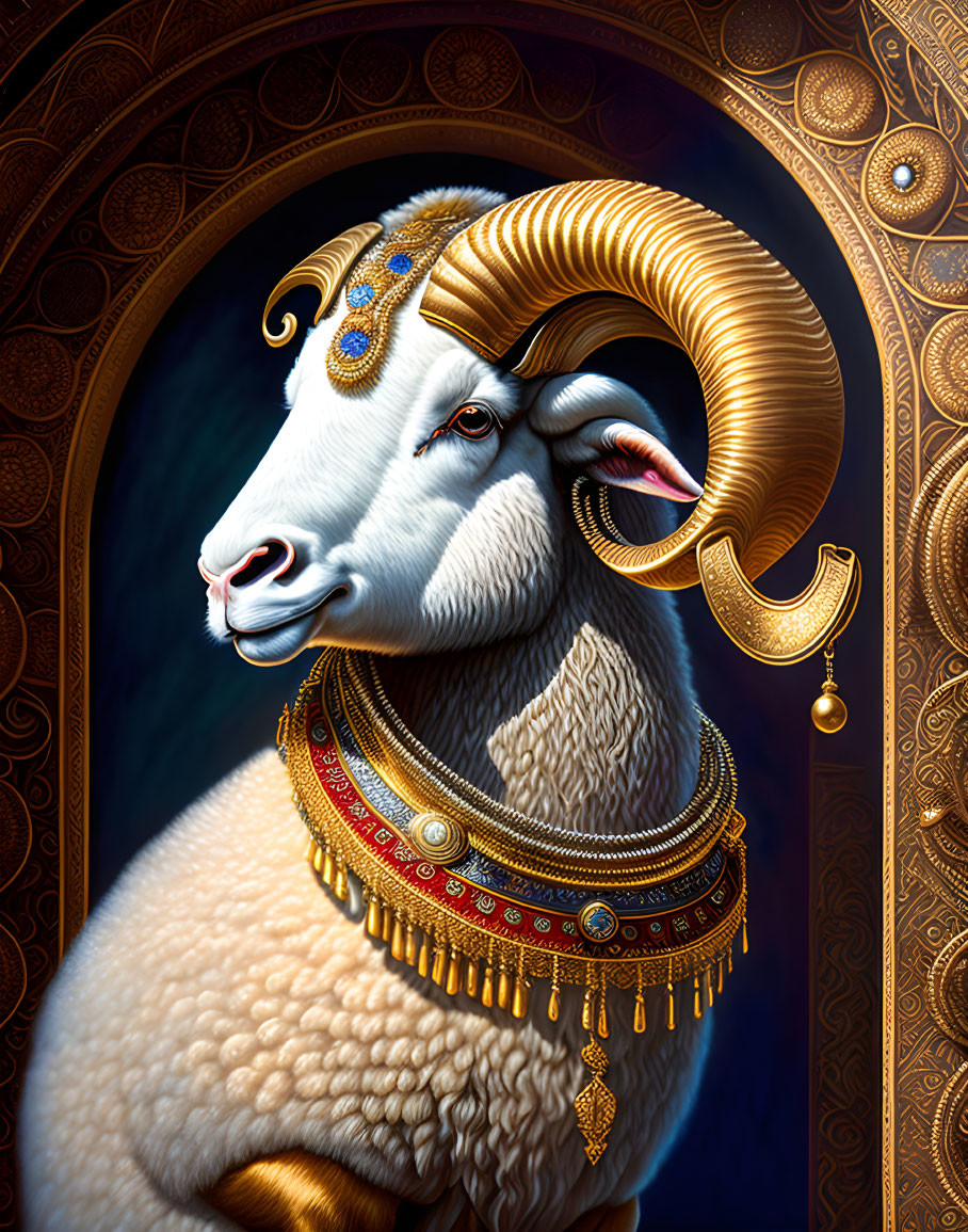 Intricately designed ram with golden jewelry on dark background