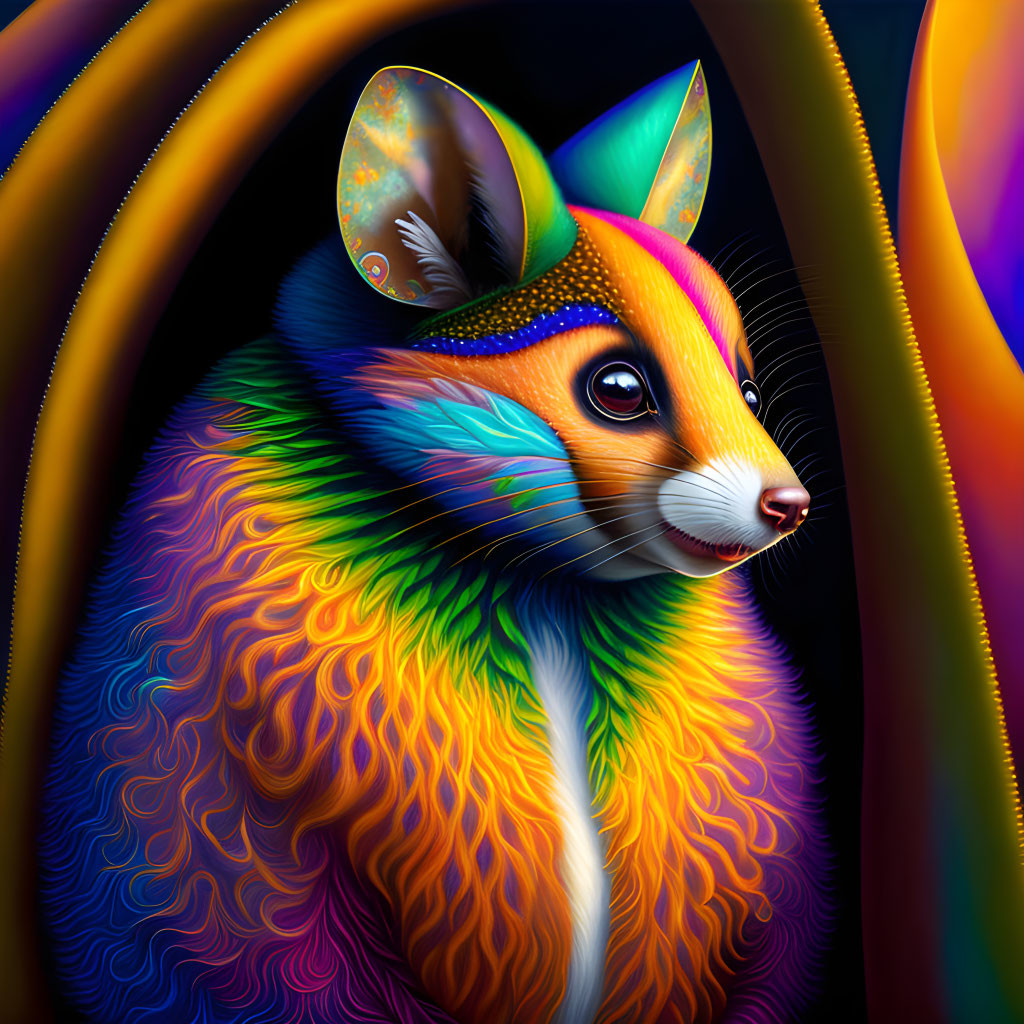 Colorful illustration: Fantastical mouse-like creature with rainbow fur and iridescent ears in dream