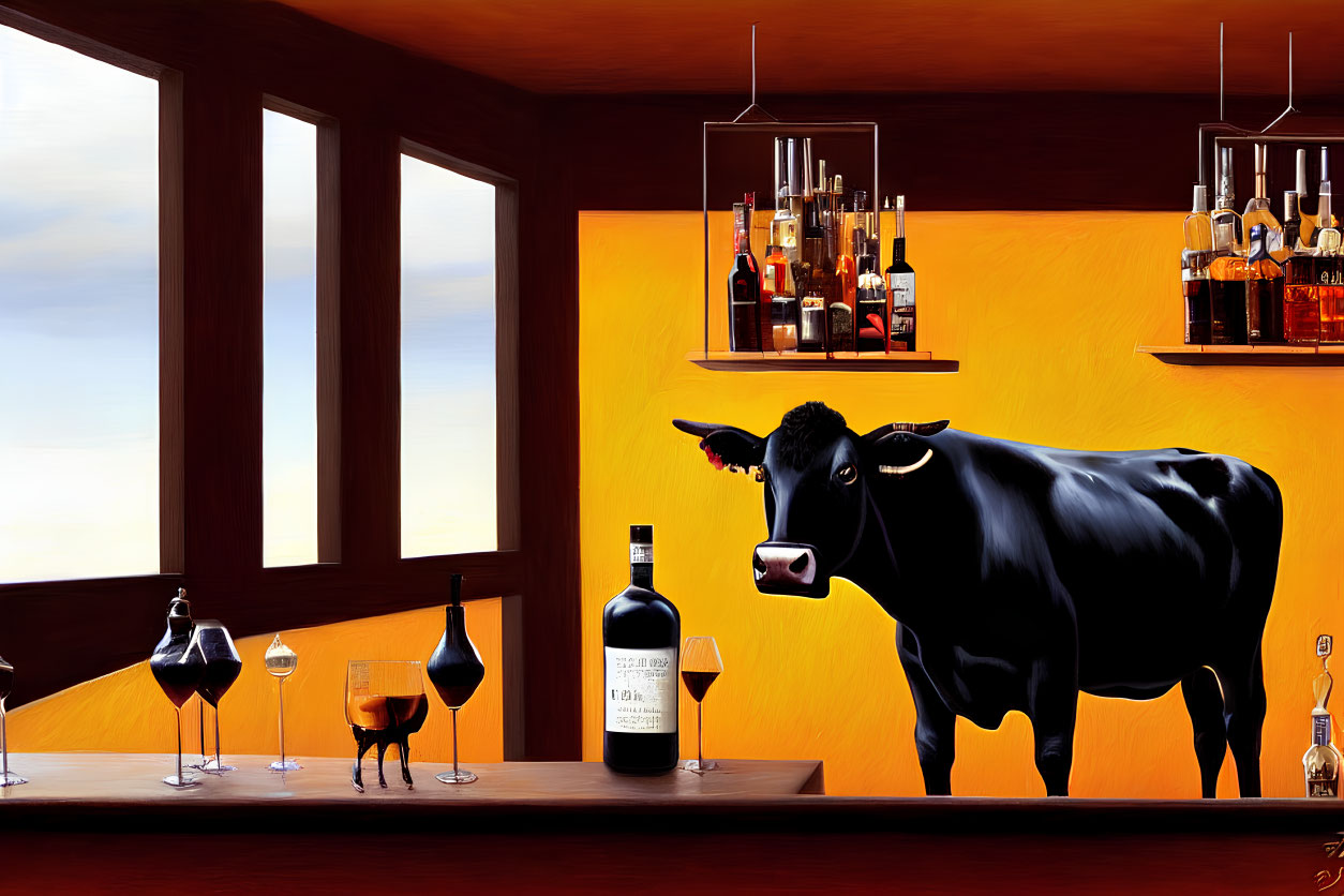 Whimsical painting of black cow in bar with liquor bottles and wine glasses