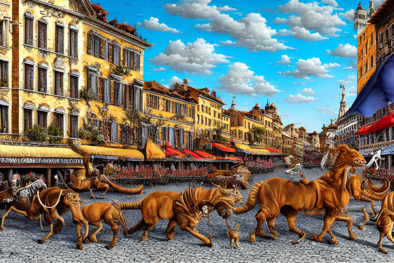 Colorful street scene with camels, whimsical creatures, European buildings, and outdoor cafes under a