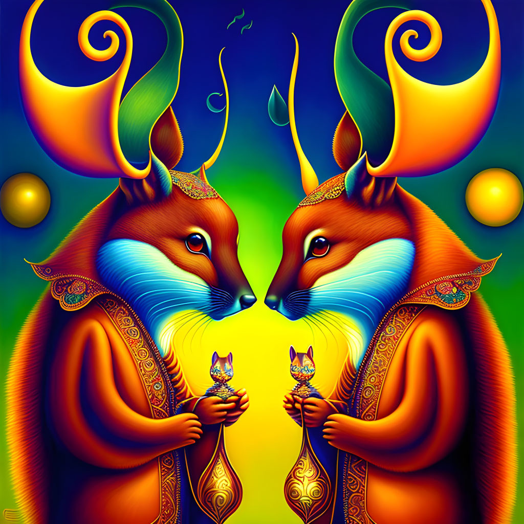Colorful Stylized Anthropomorphic Creatures with Elongated Horns Holding a Smaller Creature