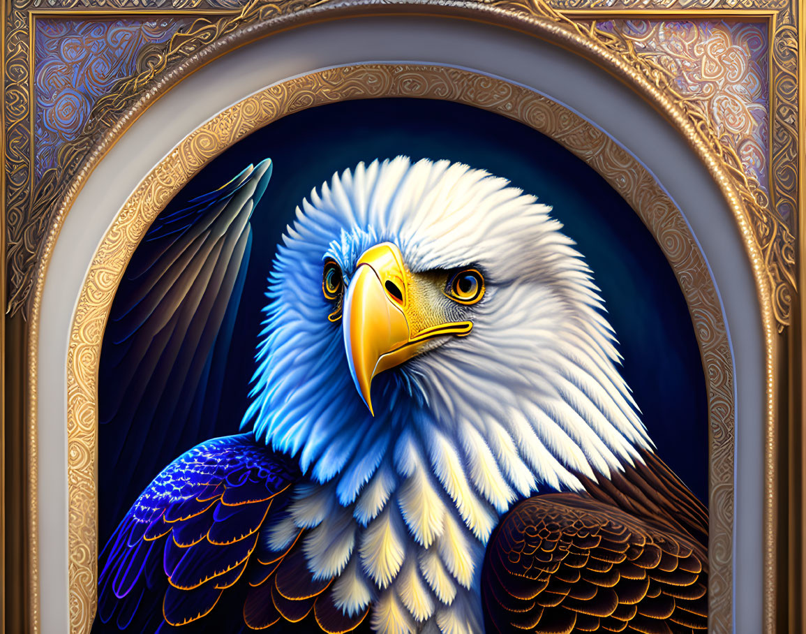 Detailed Bald Eagle Illustration with Blue and White Feathers in Golden Circular Frame