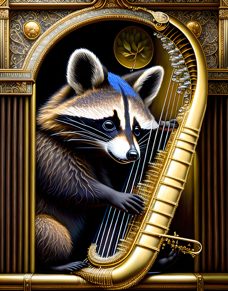 Raccoon in Blue Hat Playing Golden Harp on Ornate Dark Background