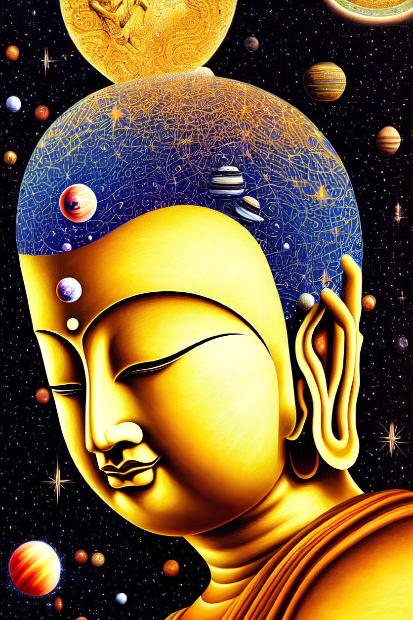 Cosmic-themed Buddha illustration with planets and stars.