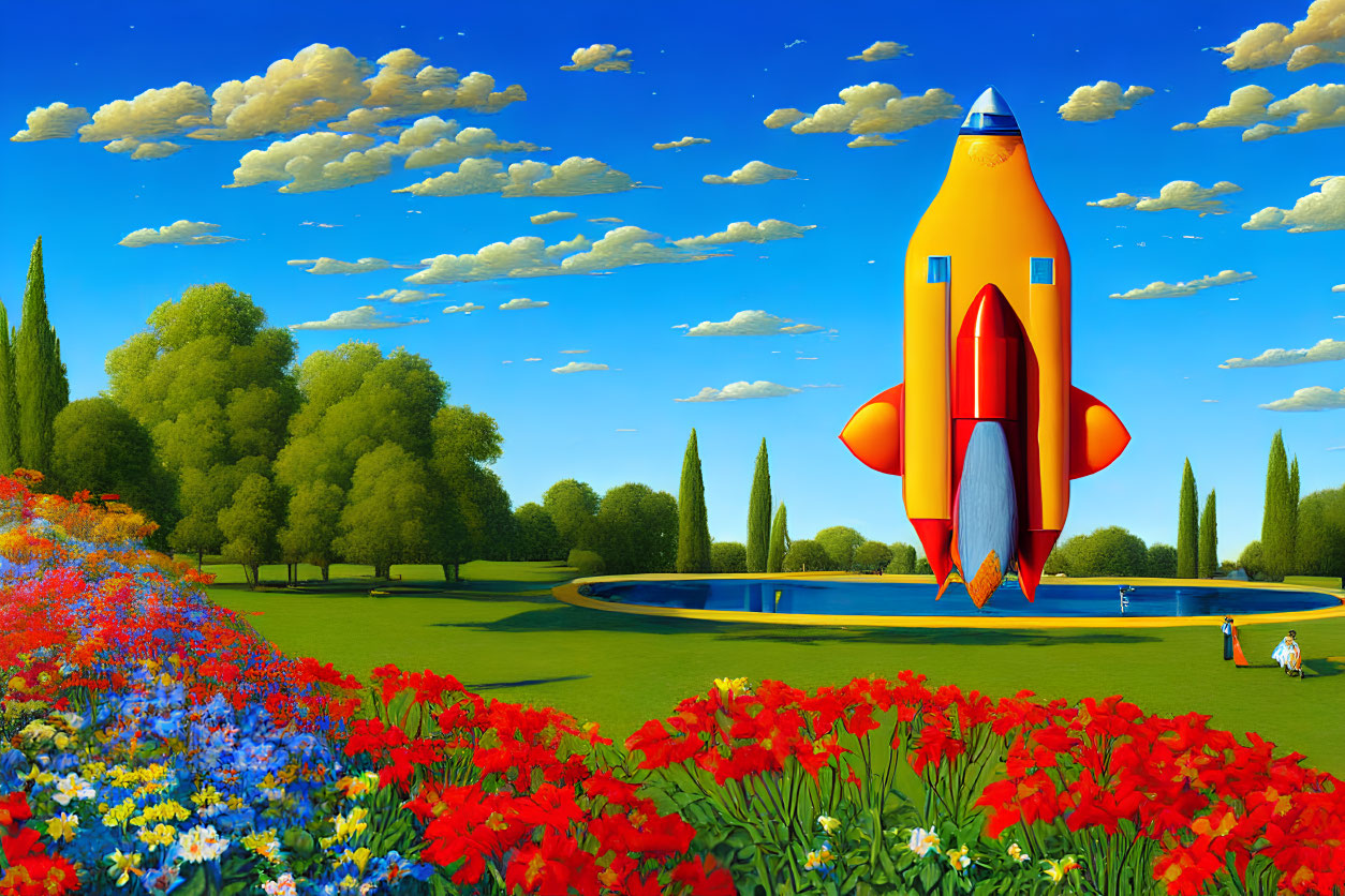 Cartoon rocket launch in colorful park setting
