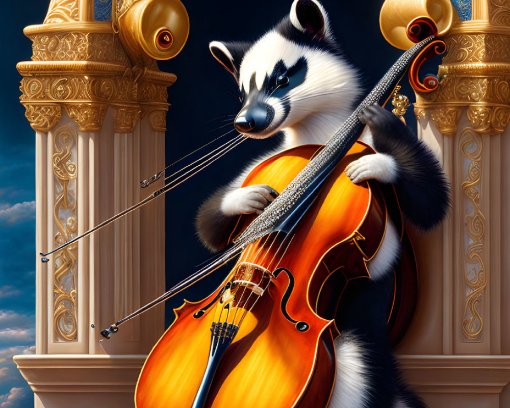 Anthropomorphic badger playing cello near ornate archway