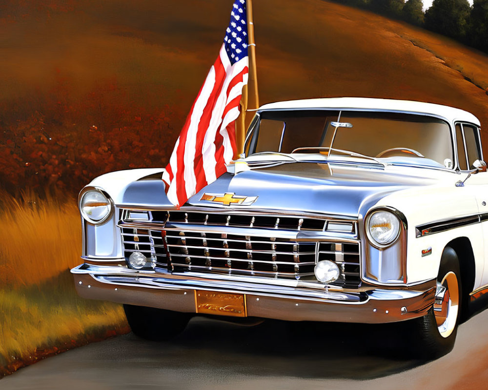 Classic Chevrolet Car with American Flag on Roadside