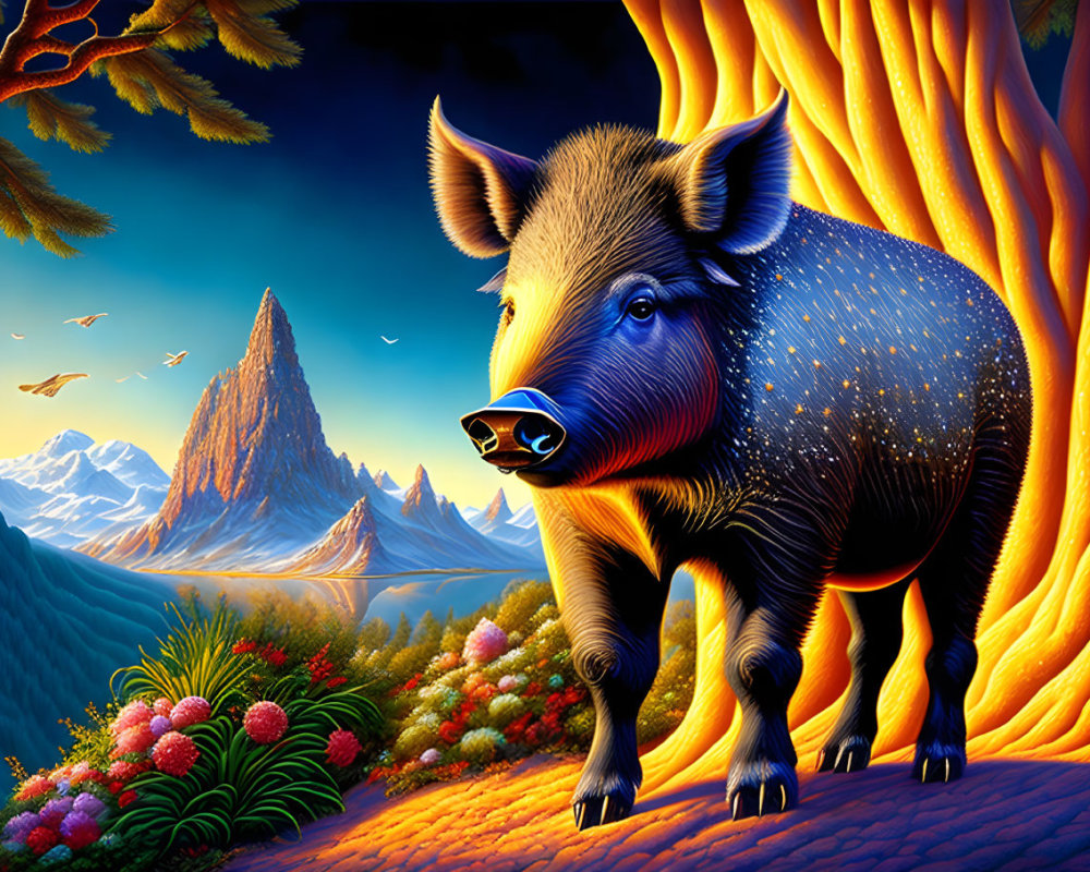 Wild pig in vibrant forest with mountain landscape at dusk