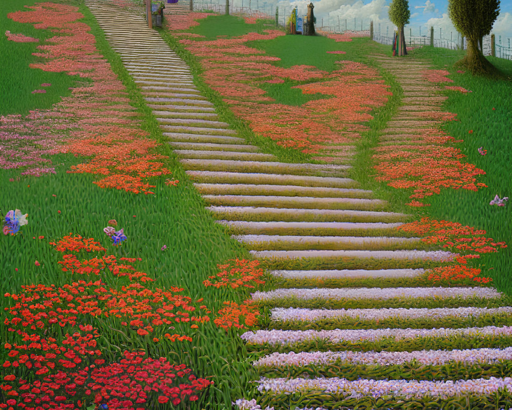 Colorful painting of stone paths through flower-covered landscape