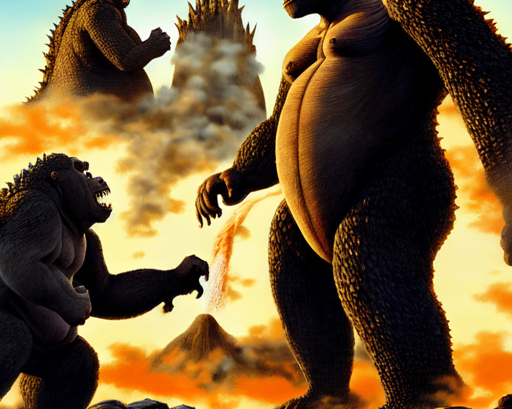 Three large apes in volcanic landscape with fire and spikes