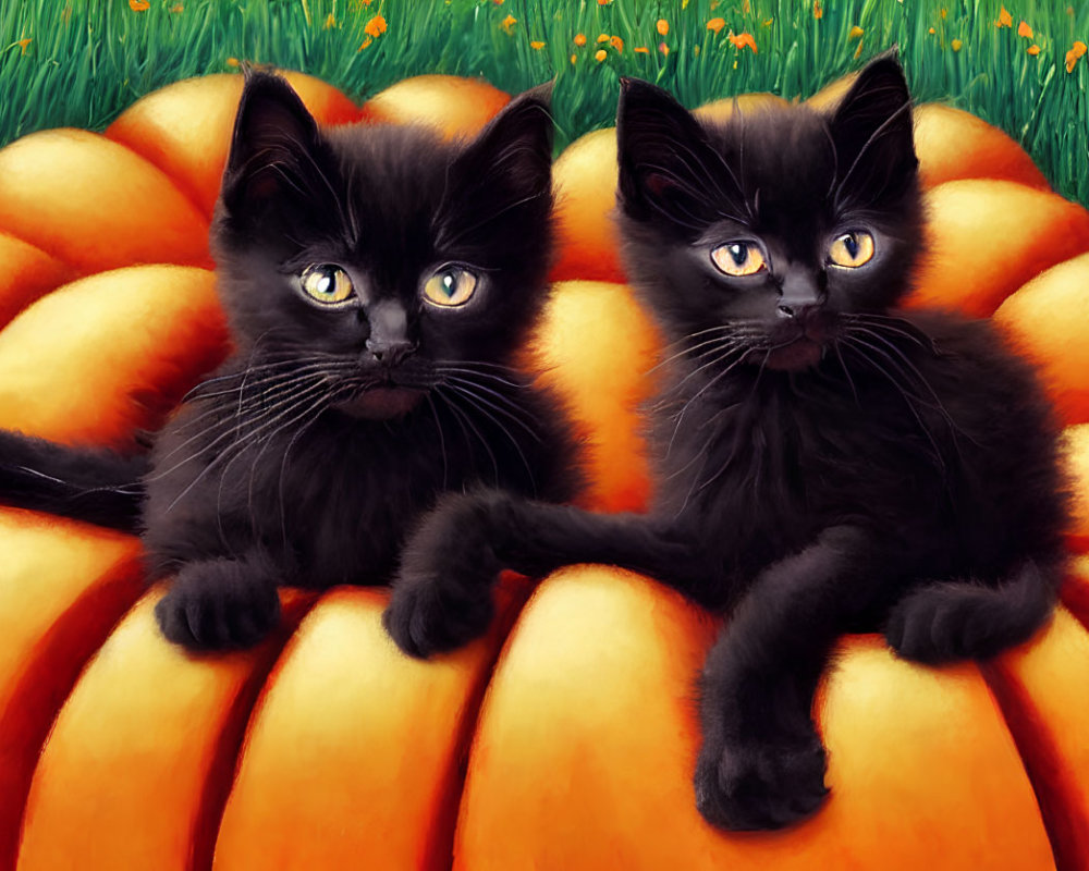 Black Kittens on Orange Pumpkin Surrounded by Green Grass and Yellow Flowers