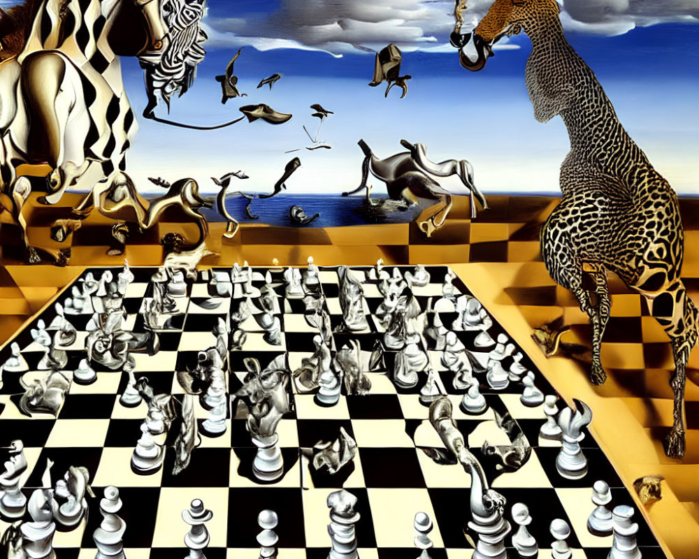 Surreal chessboard scene with zebra and giraffe on checker-patterned landscape