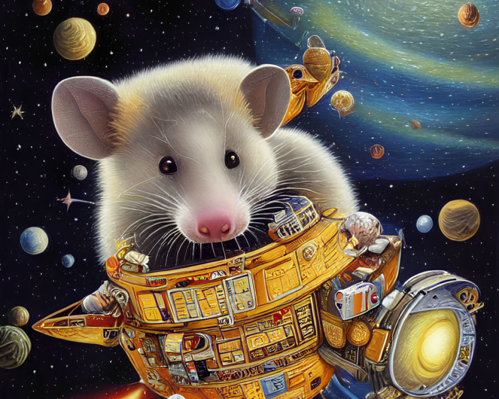 Illustration of mouse in cheese spaceship surrounded by planets and stars