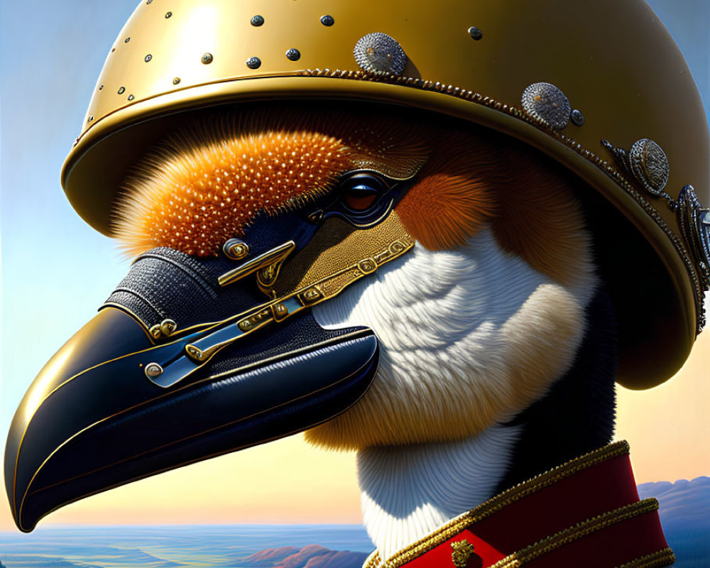 Anthropomorphic eagle in military uniform with fighter jets and landscape.