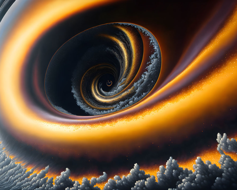 Surreal fractal landscape with swirling vortex and fiery hues