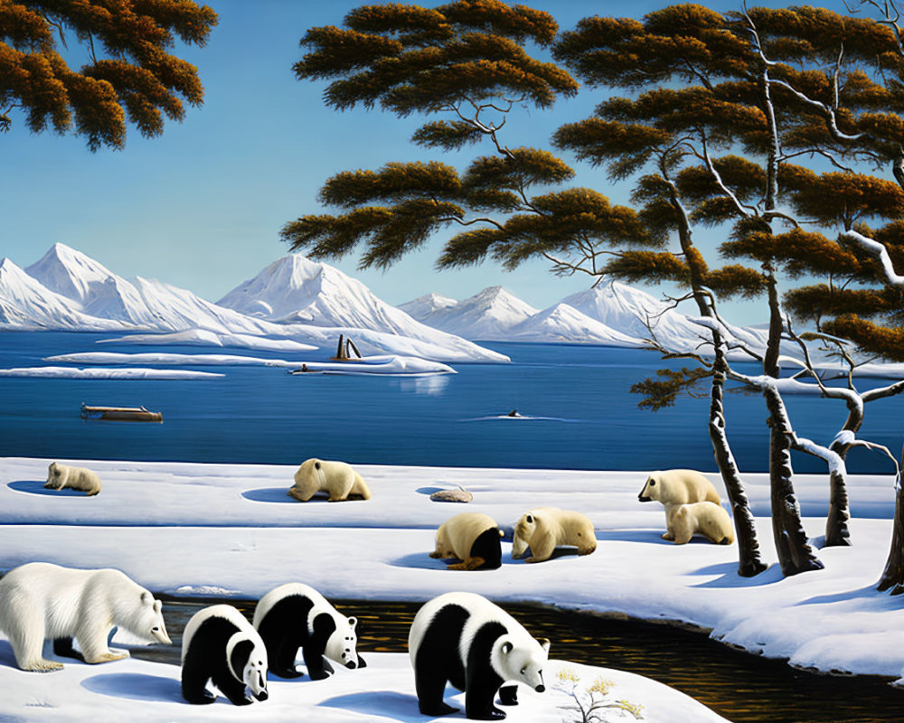 Colorful Polar Bears in Snowy Landscape with Pine Trees & Mountains