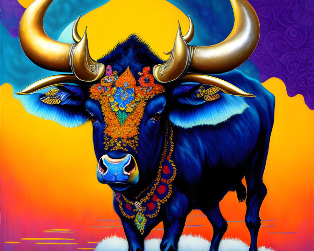 Colorful illustration of a blue bull with golden horns and floral decorations