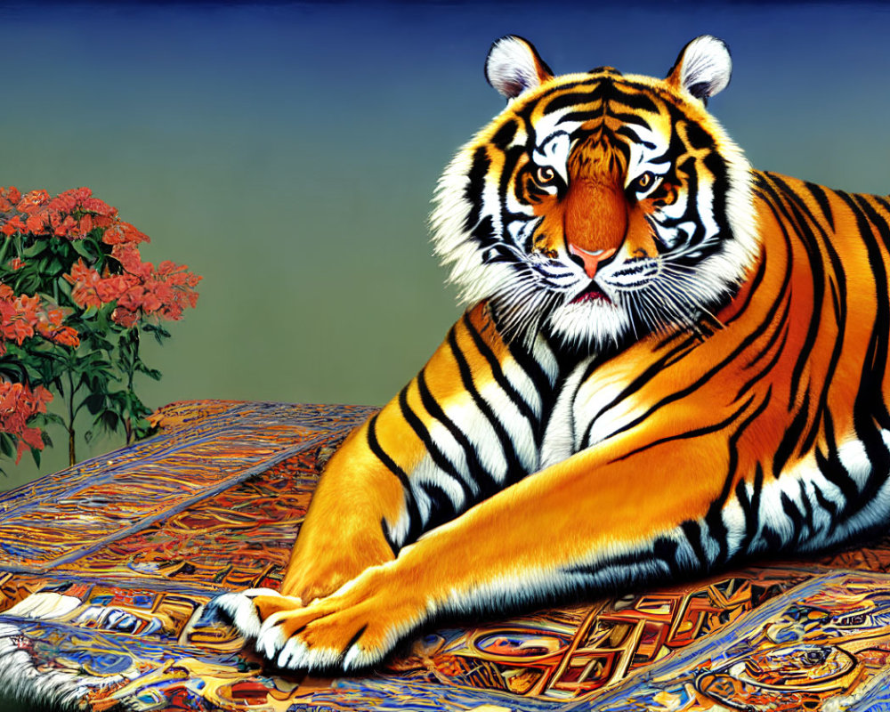 Detailed Tiger Illustration on Ornate Carpet with Red Flowers